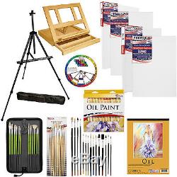 70 pc Deluxe Oil Painting Set Wood & Field Easel 24 Colors Brushes Canvases