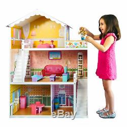 BCP Kids 44in Height 3-Story Wooden Open Dollhouse Set with 5 Rooms, Accessories
