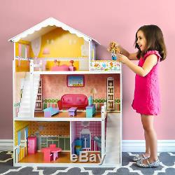 BCP Kids 44in Height 3-Story Wooden Open Dollhouse Set with 5 Rooms, Accessories