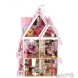 DIY Large Wooden Kids Doll House Barbie Kit Play Dollhouse Mansion Furniture