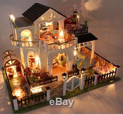 DIY Wooden Doll House Villa Miniatures LED Furniture Kit Light With Balcony