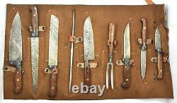 Damascus 9 Piece Chefs Knife Set Colored Wood Handle & Leather Kit & Sharpener