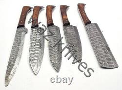 Damascus Hand Forged 5 Piece Chefs Knife Set Pkka Wood Handle & Leather Kit