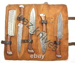 Damascus Hand Forged 5 Piece Chefs Knife Set Pkka Wood Handle & Leather Kit