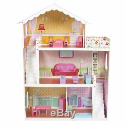 MCC Wooden Kids Doll House With Furniture & Staircase Fits Barbie Dollhouse