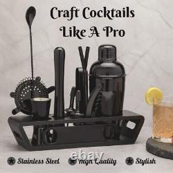 New Bar Tool Set Bartending Cocktail Shaker Kit with Wood Stand Metallic Black