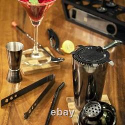 New Bar Tool Set Bartending Cocktail Shaker Kit with Wood Stand Metallic Black