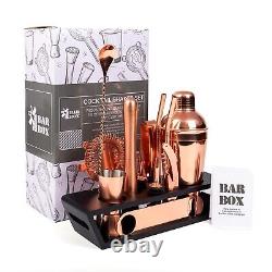 New Bar Tool Set Bartending Cocktail Shaker Kit with Wood Stand Rose Gold