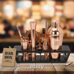 New Bar Tool Set Bartending Cocktail Shaker Kit with Wood Stand Rose Gold
